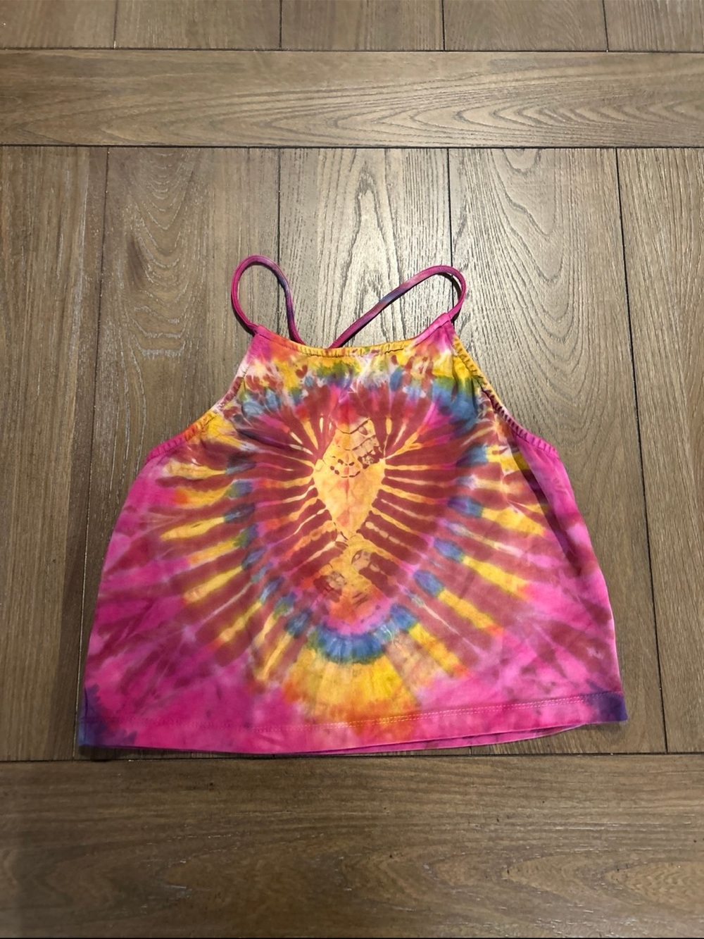 EARTHBOUND Pink Yellow Tie-Dye Heart Halter Crop Top